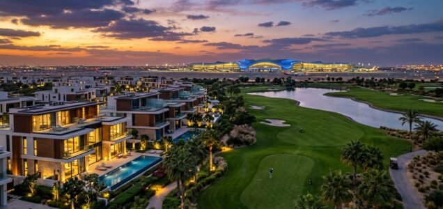 Luxury modern villas overlooking golf course with illuminated Al Maktoum Airport mega-terminal at dusk