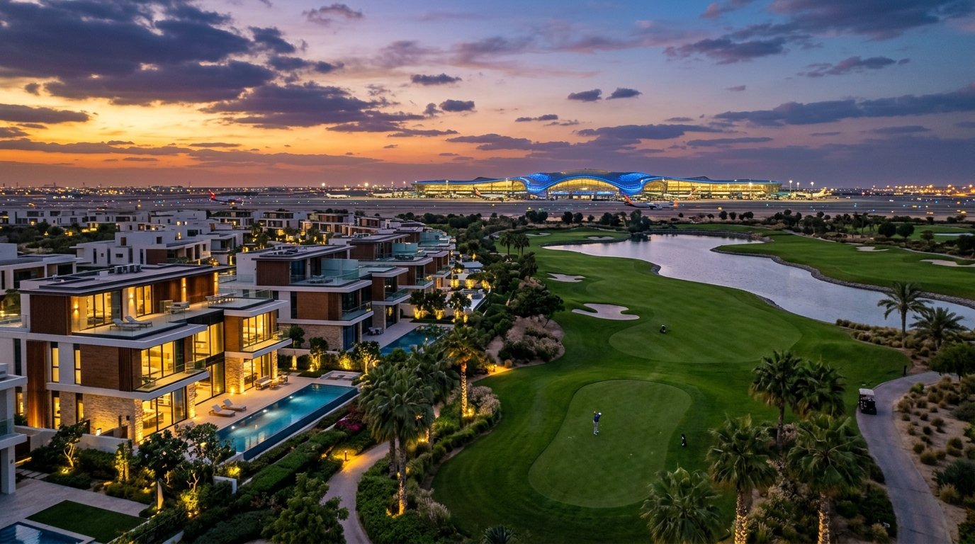 Luxury modern villas overlooking golf course with illuminated Al Maktoum Airport mega-terminal at dusk