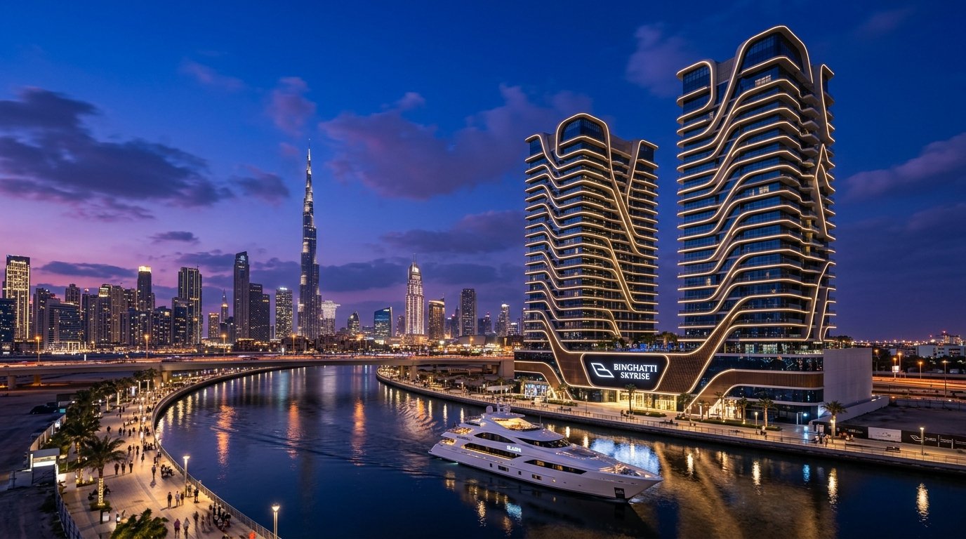Binghatti Skyrise luxury waterfront towers overlooking the Dubai Water Canal at dusk.