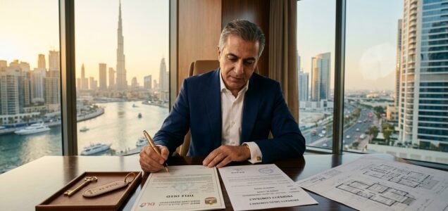 International foreign buyer signing Dubai Land Department property sales contract and title deed in executive office overlooking Burj Khalifa skyline