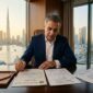 International foreign buyer signing Dubai Land Department property sales contract and title deed in executive office overlooking Burj Khalifa skyline