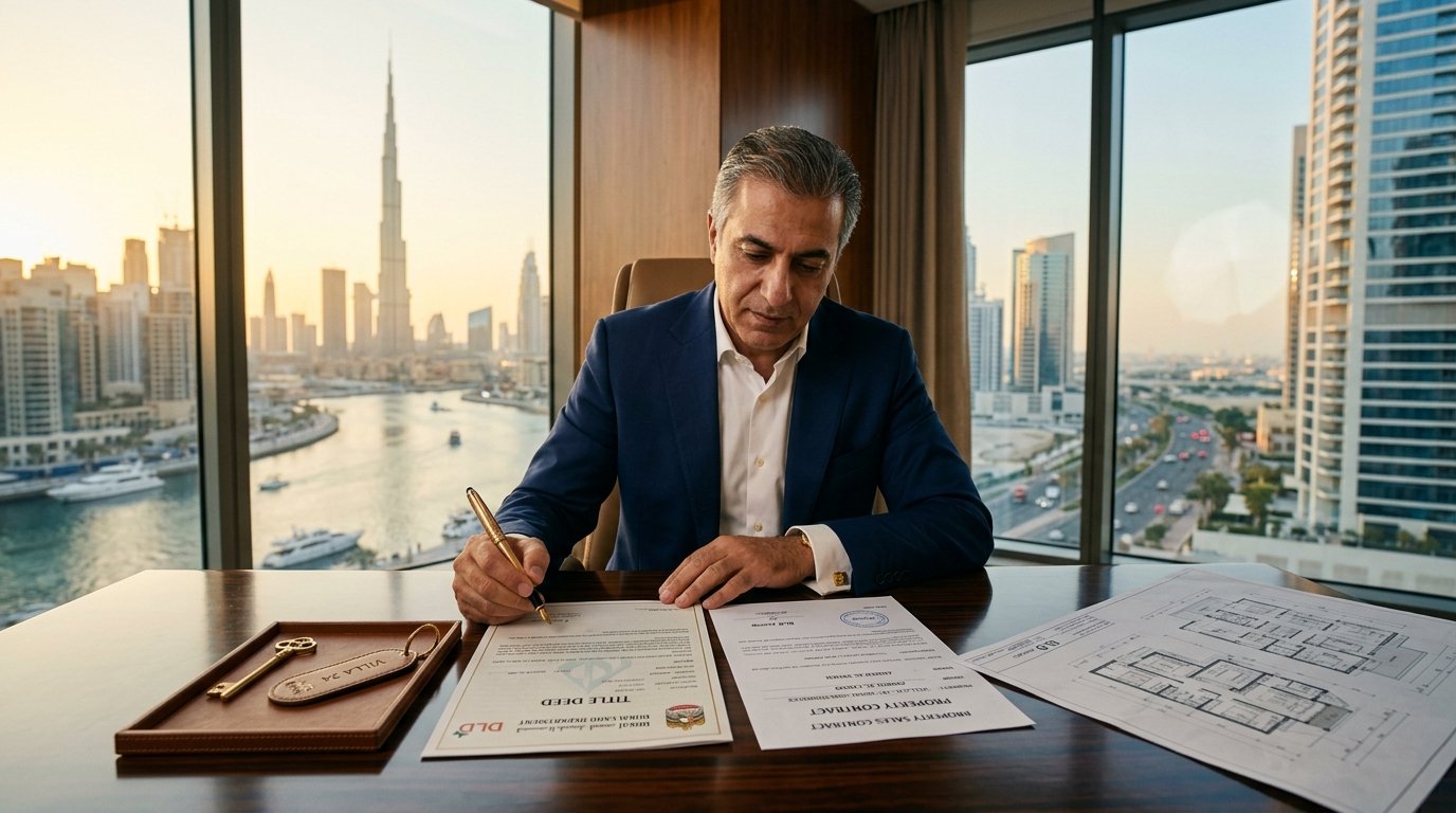 International foreign buyer signing Dubai Land Department property sales contract and title deed in executive office overlooking Burj Khalifa skyline