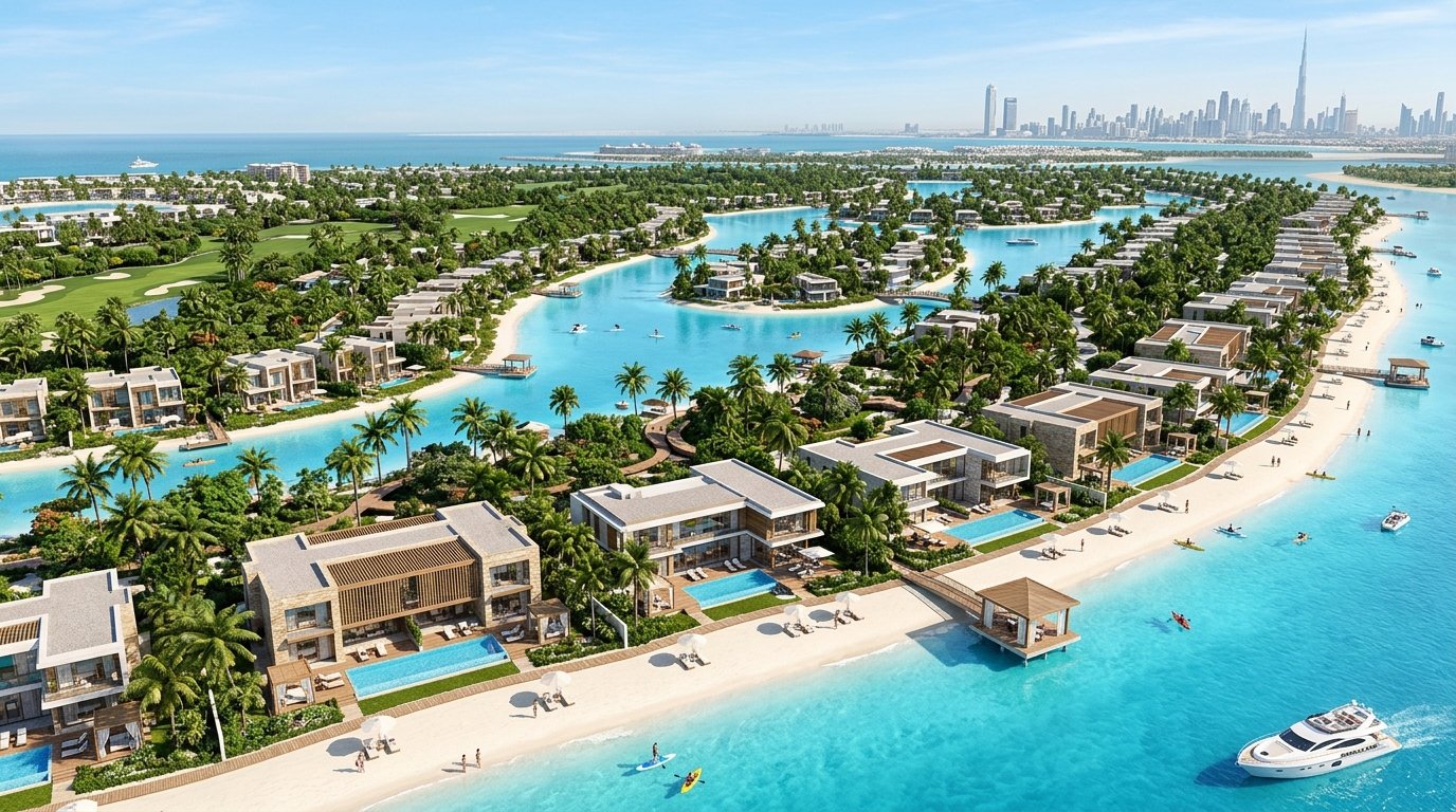 Aerial architectural rendering of DAMAC Islands tropical lagoon master community with luxury villas and palm beaches in Dubai.