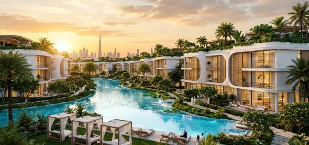 Danube Greenz luxury modern townhouses and villas with curved facades, crystal lagoon, and rooftop sky gardens in Dubai Academic City