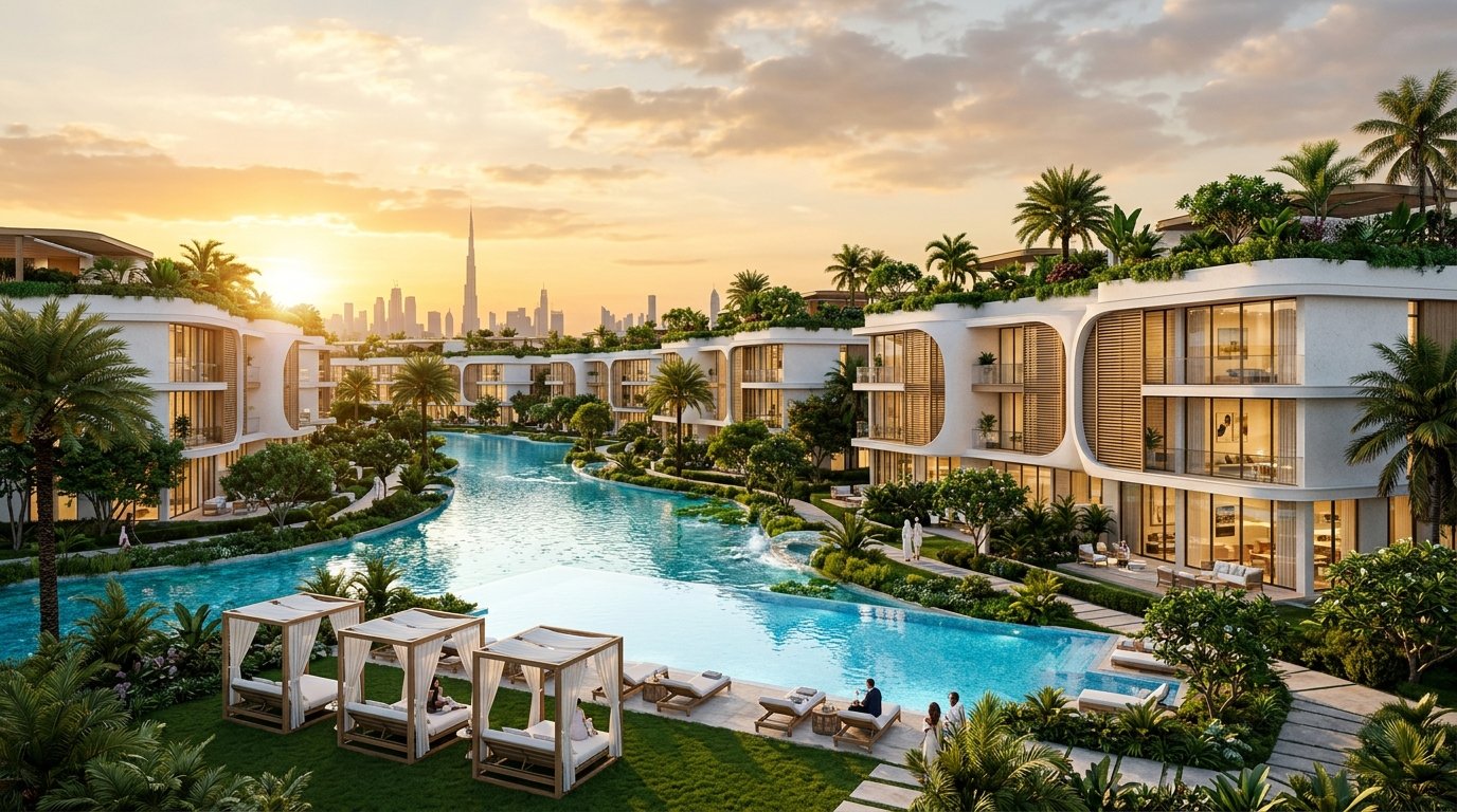 Danube Greenz luxury modern townhouses and villas with curved facades, crystal lagoon, and rooftop sky gardens in Dubai Academic City