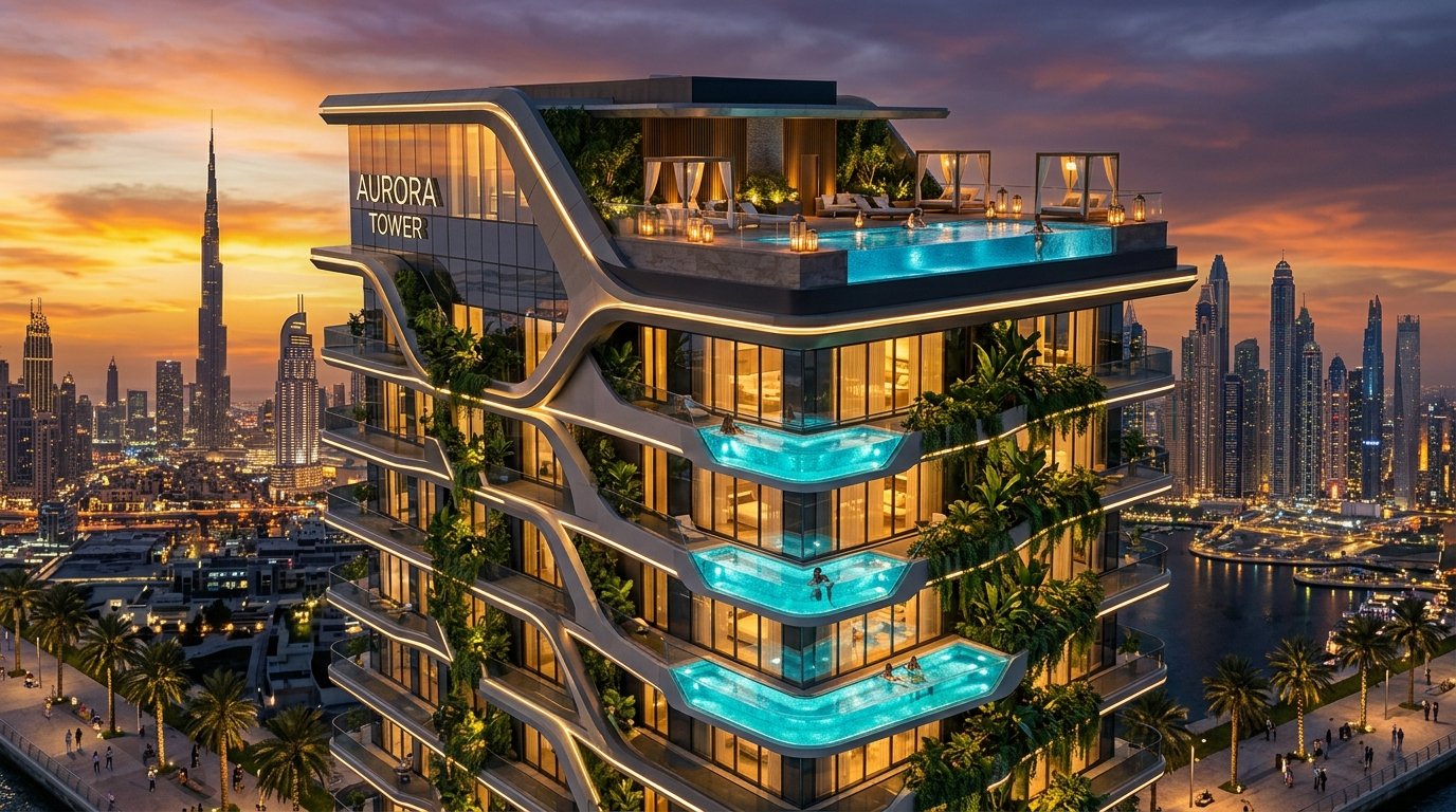 Modern luxury residential building in Dubai offering 1% monthly payment plan in JVC and Arjan.