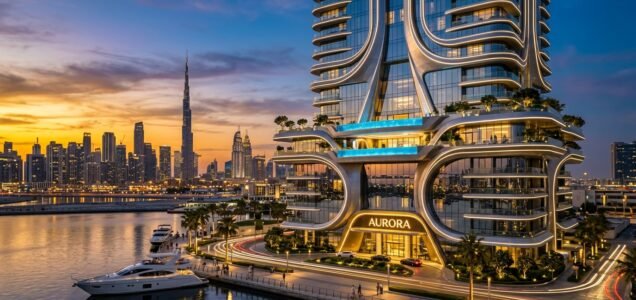 Futuristic luxury branded residences tower at twilight with cantilevered infinity sky pools overlooking Dubai skyline