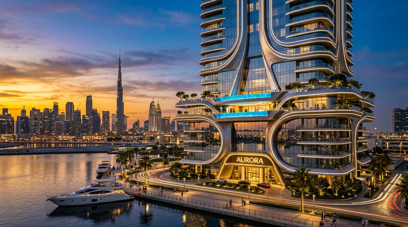 Futuristic luxury branded residences tower at twilight with cantilevered infinity sky pools overlooking Dubai skyline