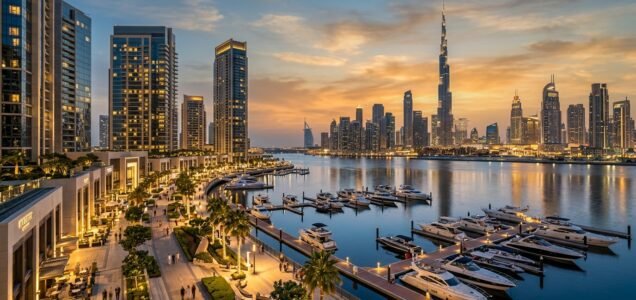 Dubai Creek Harbour waterfront promenade and luxury yachts overlooking Downtown Dubai Burj Khalifa skyline at dusk