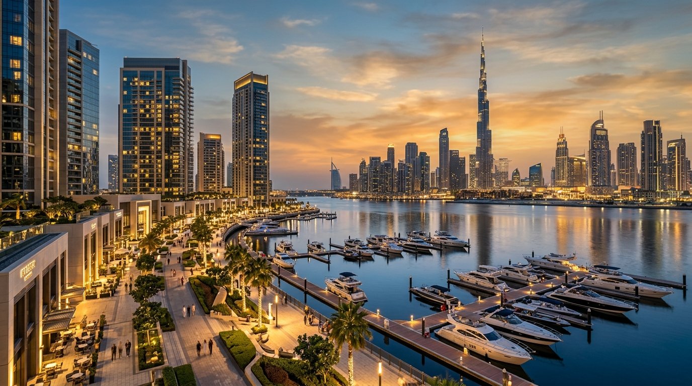 Dubai Creek Harbour waterfront promenade and luxury yachts overlooking Downtown Dubai Burj Khalifa skyline at dusk