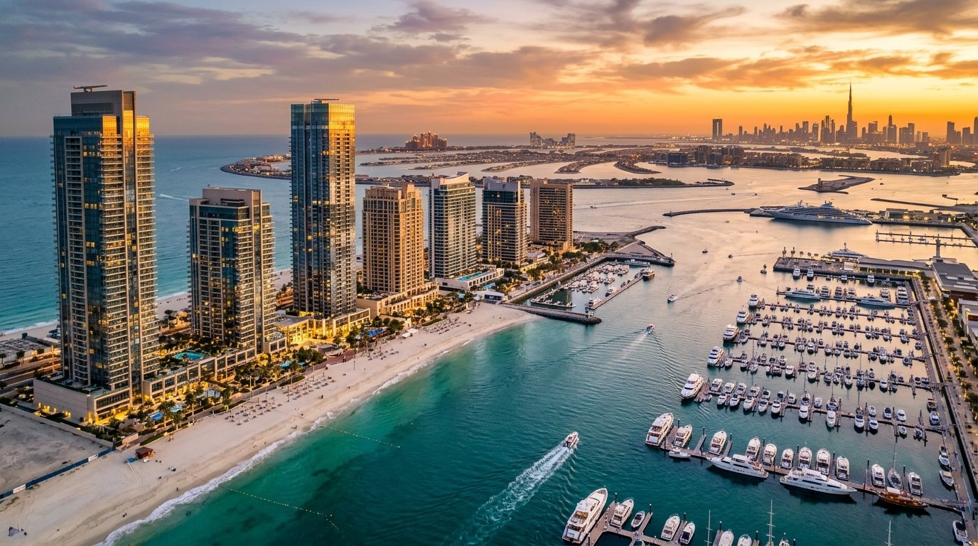 Aerial view of EMAAR Beachfront luxury towers and superyacht marina in Dubai Harbour at sunset.