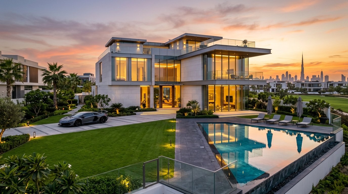 Contemporary luxury villa in Dubai Hills Estate with infinity pool and skyline view