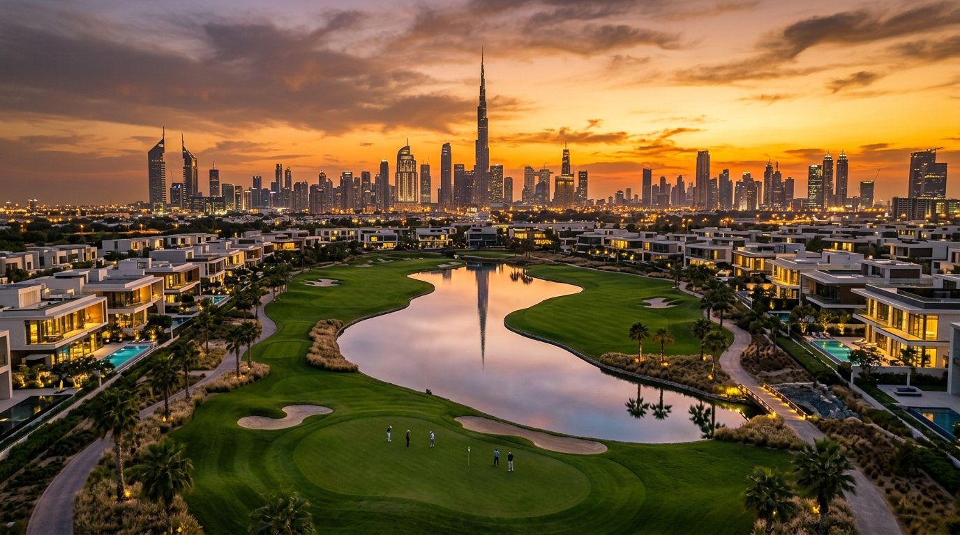 Panoramic aerial view of Dubai Hills Estate championship golf course and modern luxury villas overlooking Burj Khalifa skyline at sunset