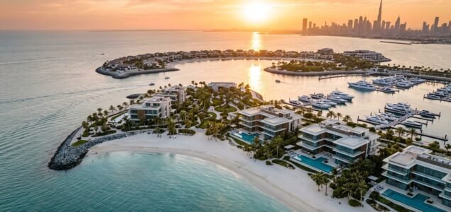 Aerial view of Dubai Islands by Nakheel with turquoise Arabian Gulf waters, private beachfront villas, marina, and Dubai skyline at sunset