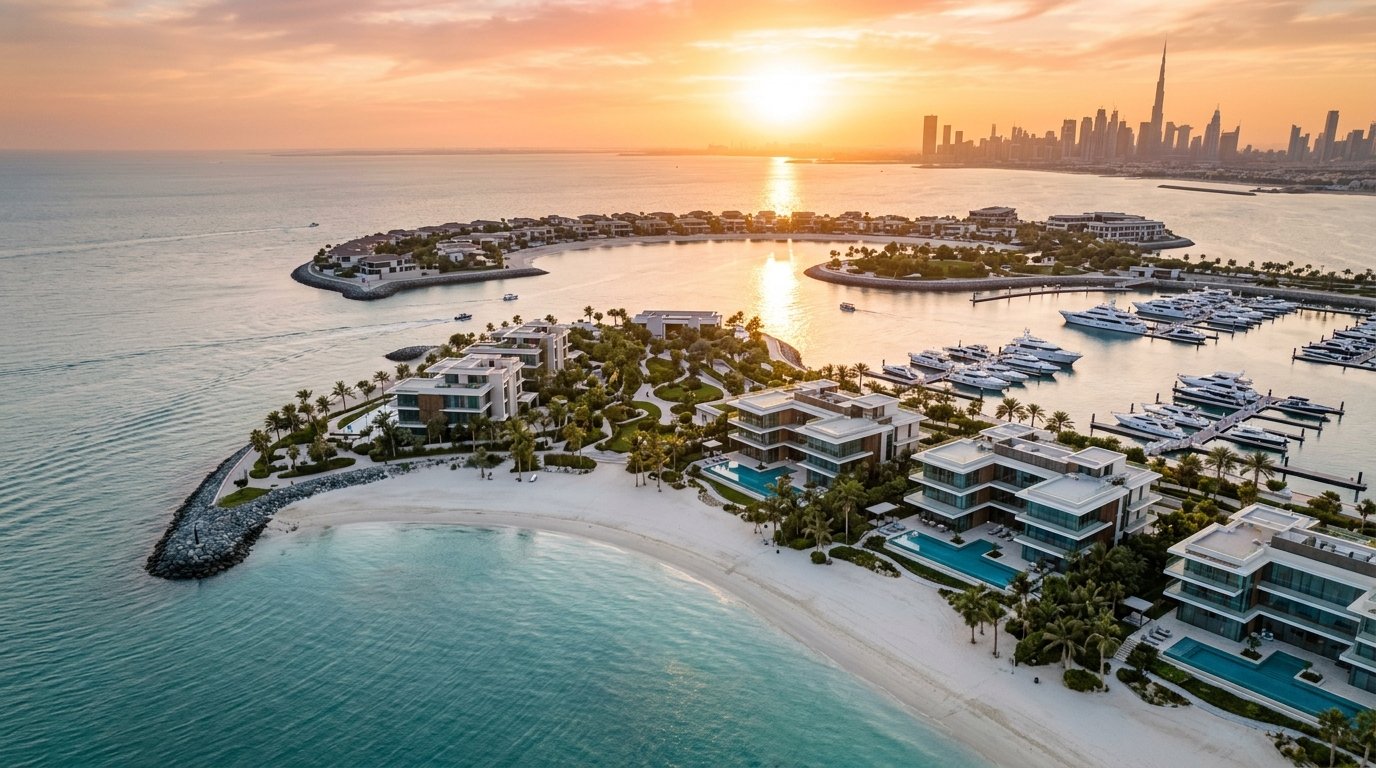 Aerial view of Dubai Islands by Nakheel with turquoise Arabian Gulf waters, private beachfront villas, marina, and Dubai skyline at sunset