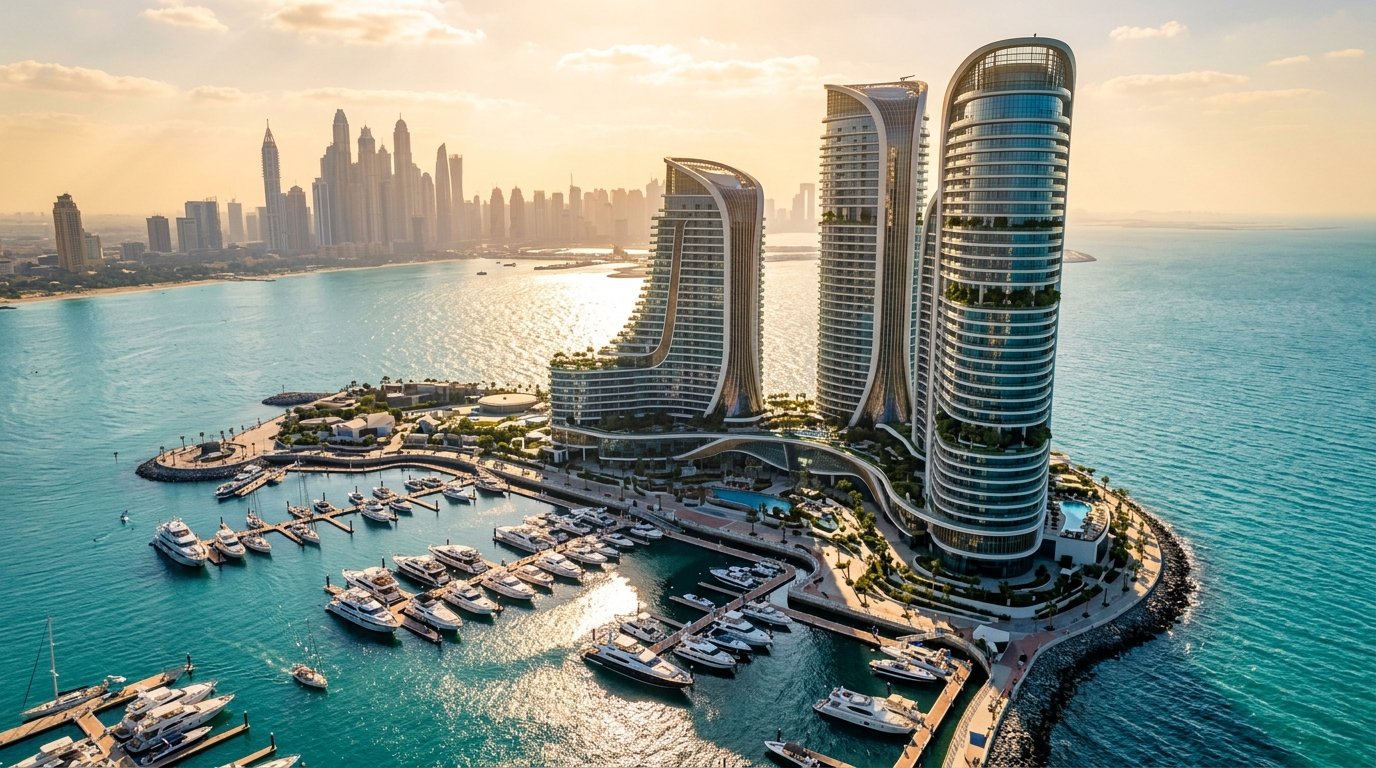 Aerial photograph of ultra-luxury coastal residential towers on the Dubai Maritime City peninsula.