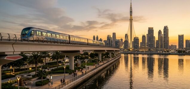 Futuristic Dubai Metro driverless train on elevated viaduct over Dubai Creek Harbour at golden hour