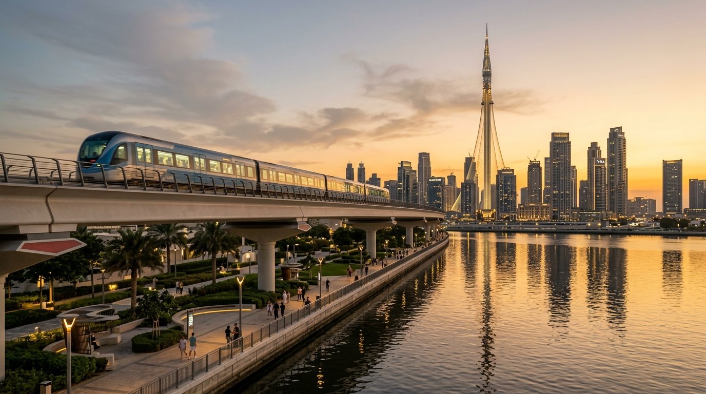 Futuristic Dubai Metro driverless train on elevated viaduct over Dubai Creek Harbour at golden hour