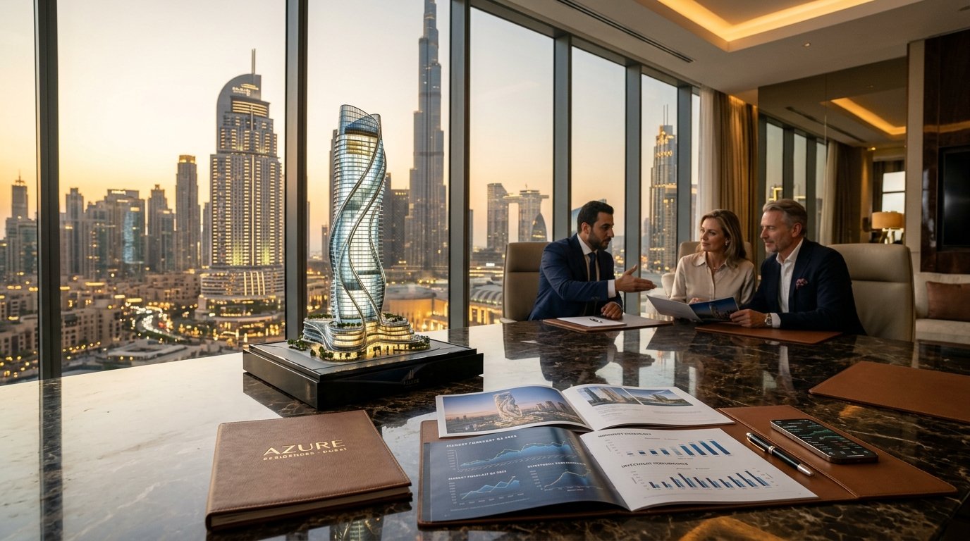 Executive private wealth advisory in Dubai reviewing architectural tower models and off-plan capital growth metrics.