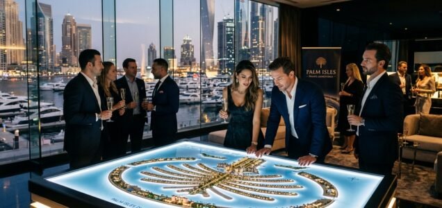 VIP investors and luxury advisors reviewing masterplan scale models at exclusive Dubai developer off-plan launch event.