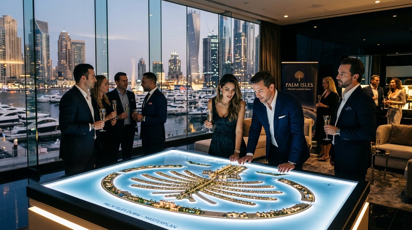 VIP investors and luxury advisors reviewing masterplan scale models at exclusive Dubai developer off-plan launch event.