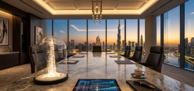Financial investment desk with architectural models and real estate ROI analytics overlooking Dubai skyline.