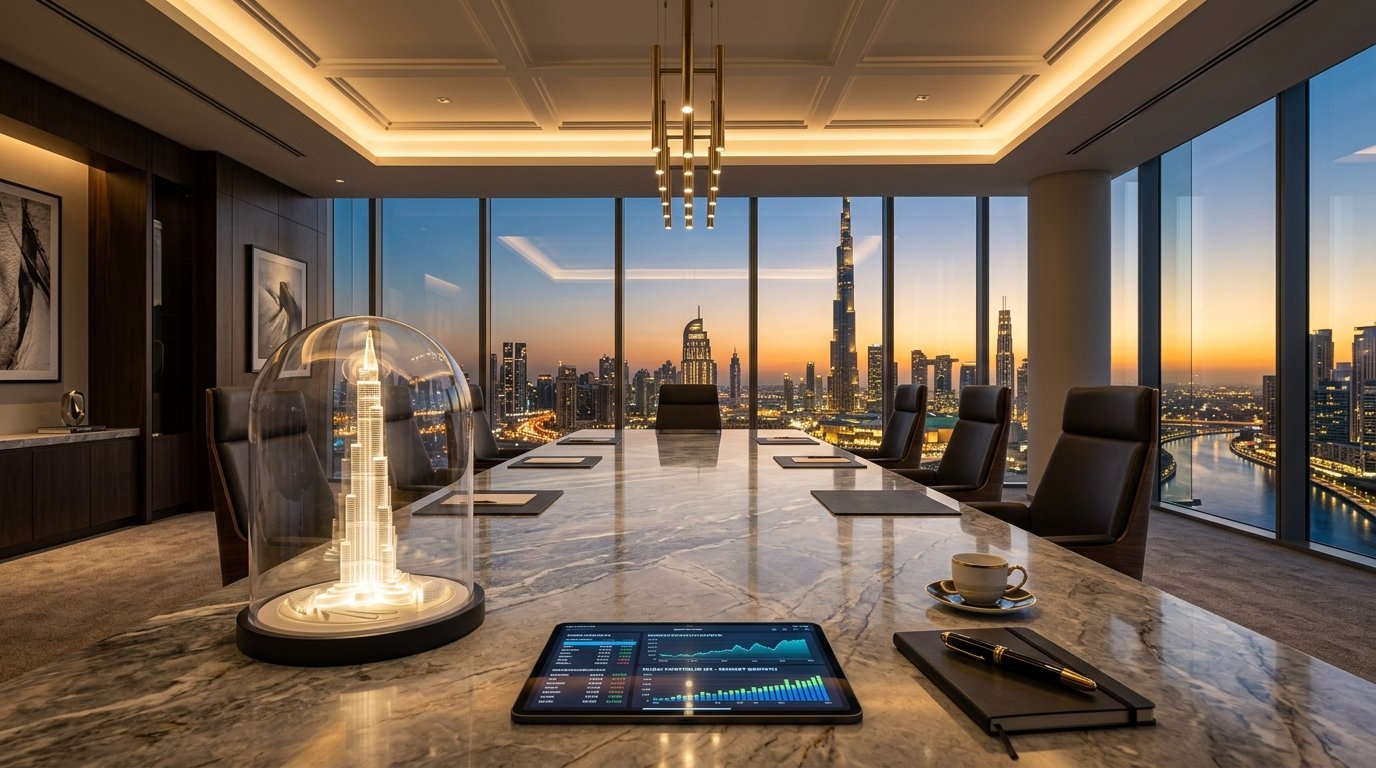 Financial investment desk with architectural models and real estate ROI analytics overlooking Dubai skyline.