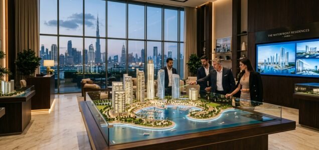Investors reviewing illuminated 3D masterplan scale model in luxury Dubai sales gallery