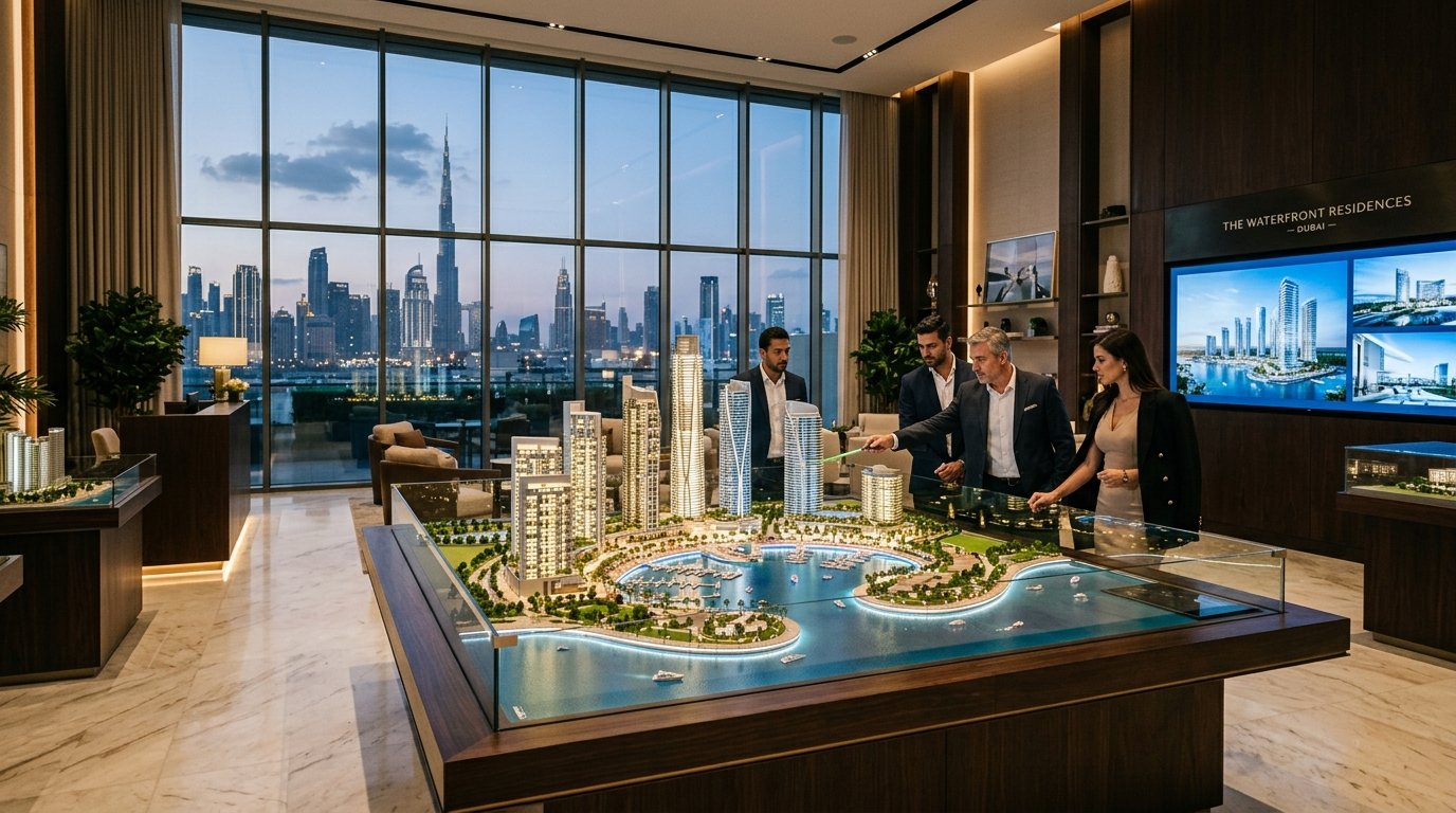 Investors reviewing illuminated 3D masterplan scale model in luxury Dubai sales gallery