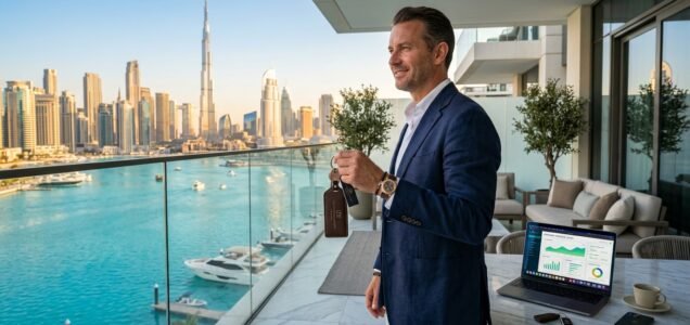Successful investor holding keys on luxury Dubai penthouse balcony with skyline views, illustrating post-handover payment plan ROI.