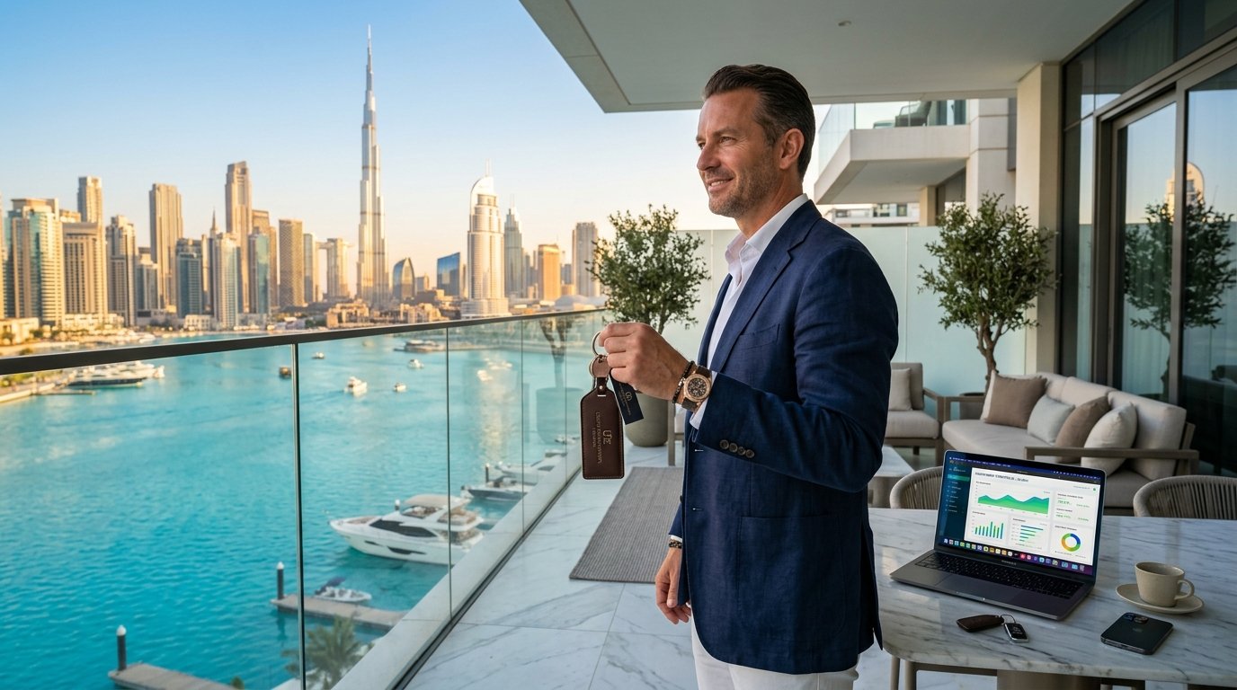 Successful investor holding keys on luxury Dubai penthouse balcony with skyline views, illustrating post-handover payment plan ROI.