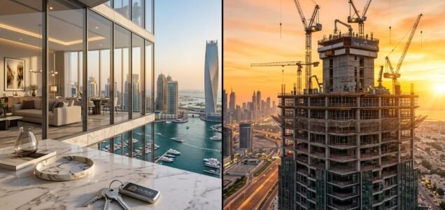Split concept of completed Dubai luxury apartment interior with keys on marble table beside high-tech skyscraper under construction at sunrise