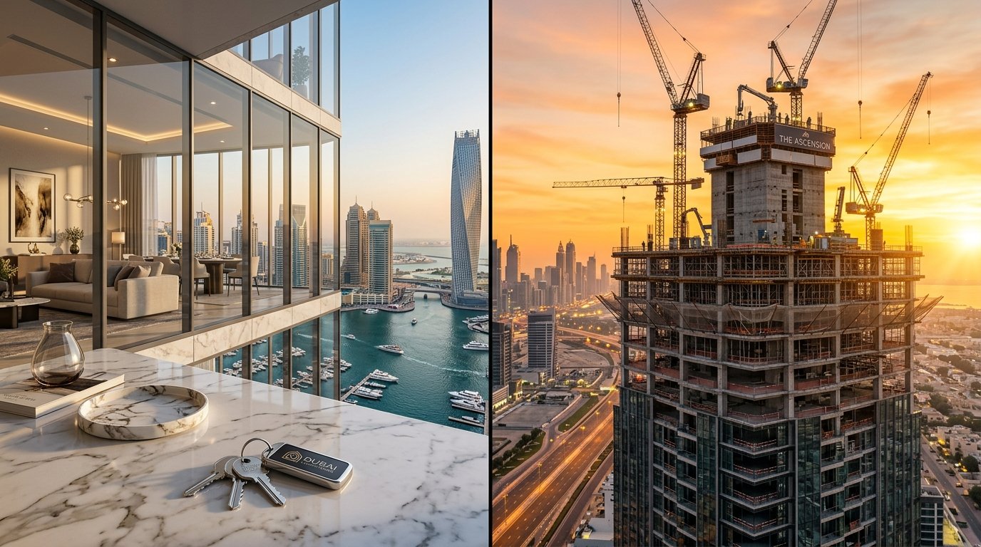 Split concept of completed Dubai luxury apartment interior with keys on marble table beside high-tech skyscraper under construction at sunrise