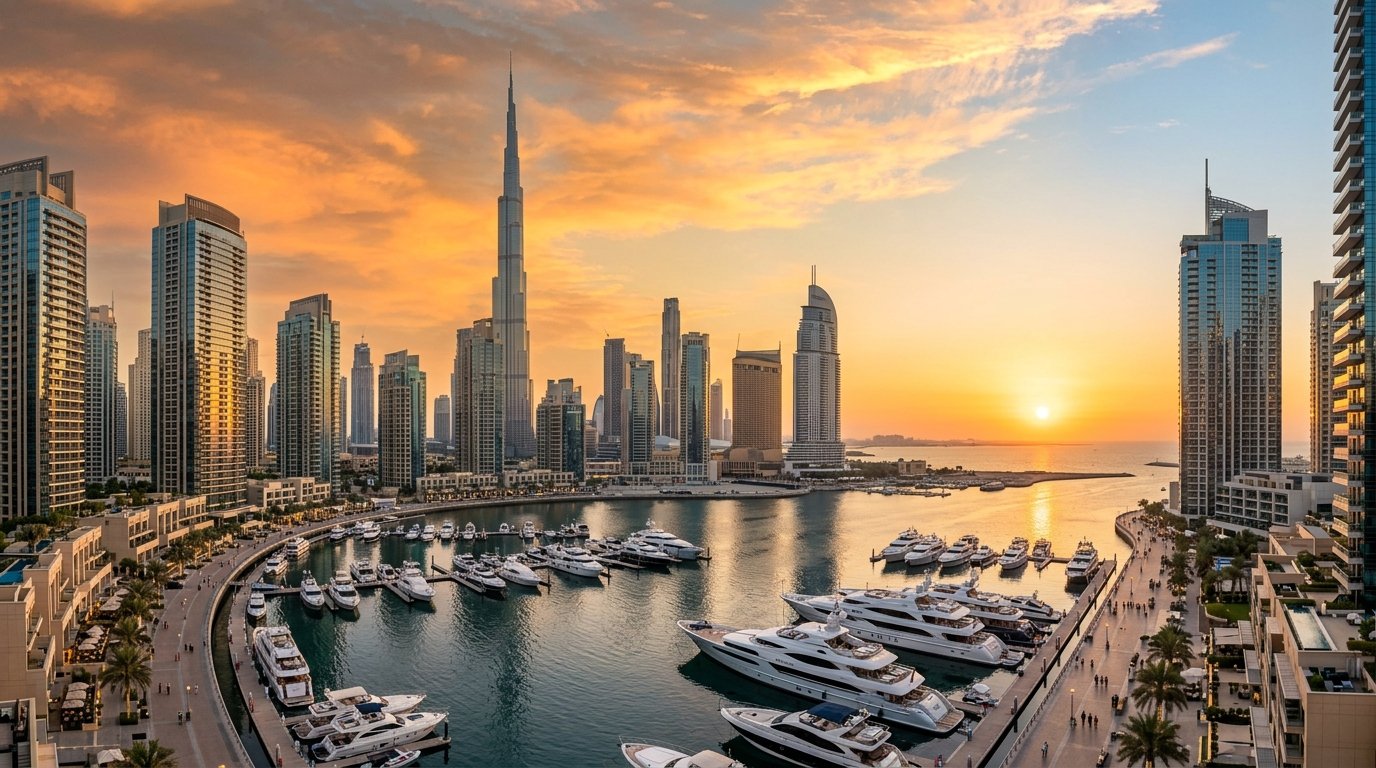 Panoramic view of Dubai skyline, Burj Khalifa and luxury yacht marina at sunset
