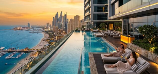 Luxury high-rise rooftop infinity pool overlooking Dubai Marina beachfront and coastline