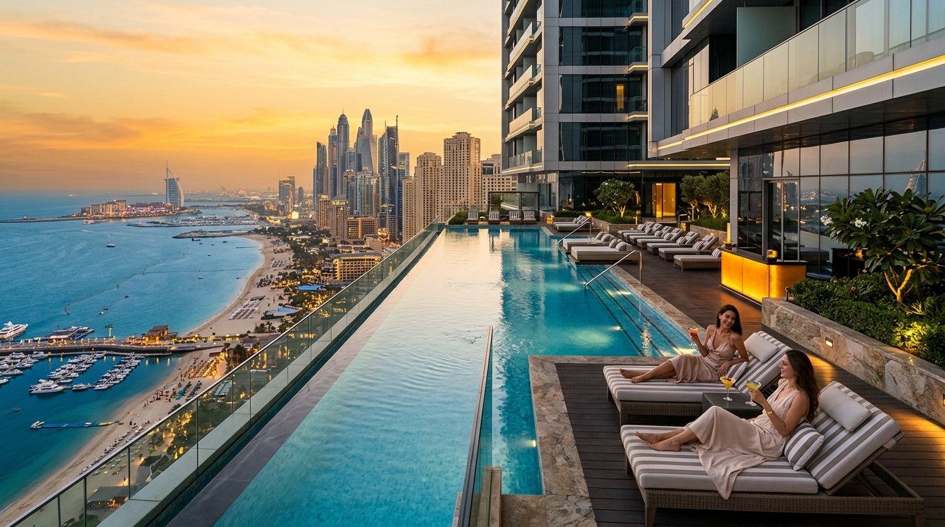 Luxury high-rise rooftop infinity pool overlooking Dubai Marina beachfront and coastline