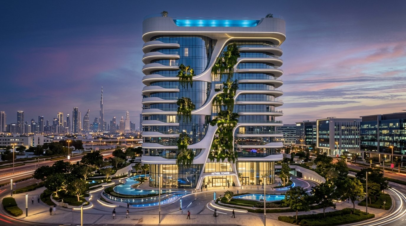 Futuristic luxury residential skyscraper in Dubai Science Park with illuminated facade at twilight.