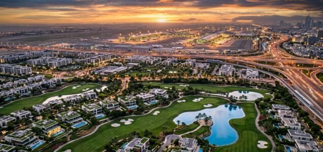 Aerial view of Dubai South golf villa communities with championship greens and Al Maktoum International Airport DWC illuminated at sunset