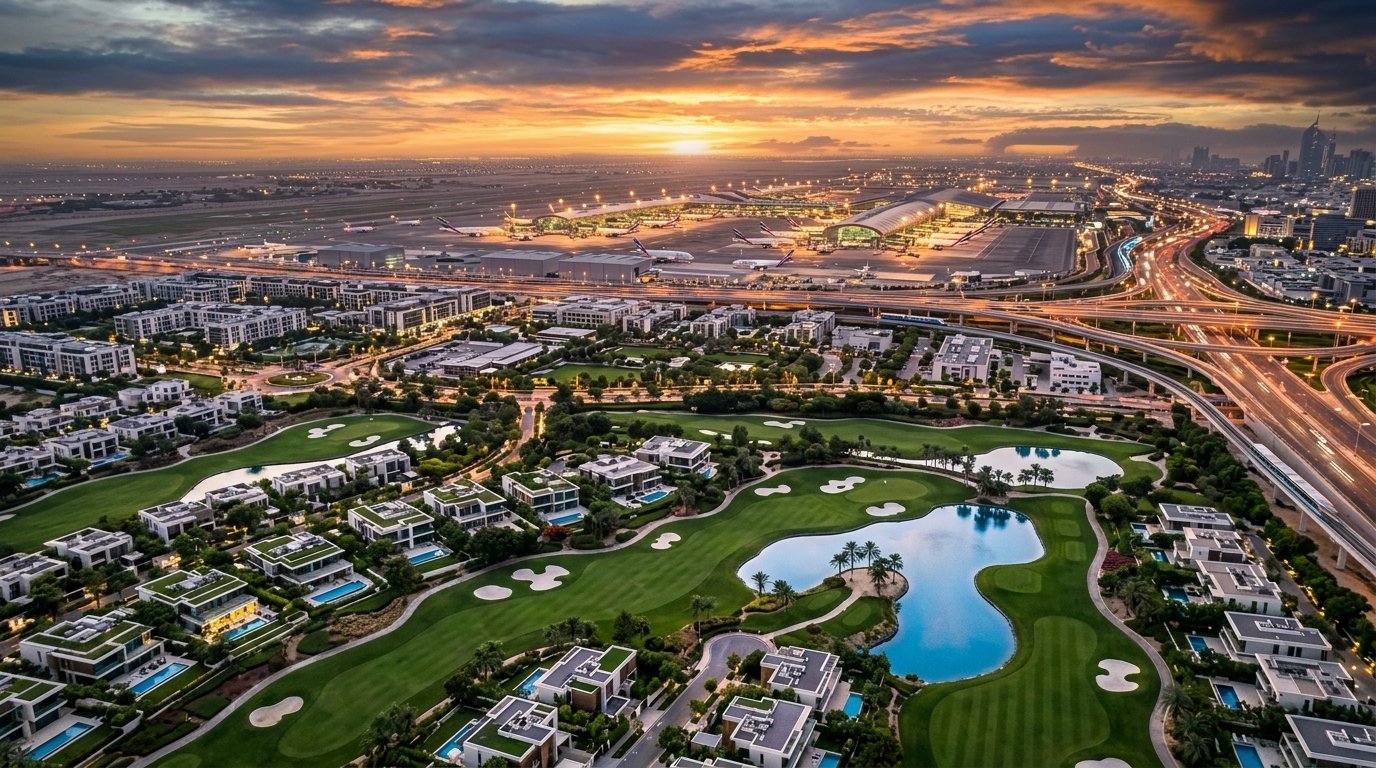 Aerial view of Dubai South golf villa communities with championship greens and Al Maktoum International Airport DWC illuminated at sunset