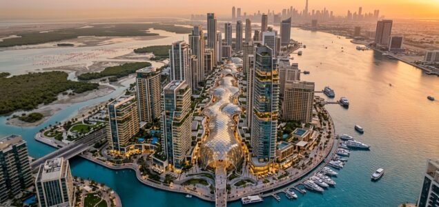 Aerial architectural visualization of Dubai Square and Ras Al Khor waterfront towers in Dubai Creek Harbour.