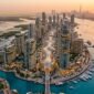 Aerial architectural visualization of Dubai Square and Ras Al Khor waterfront towers in Dubai Creek Harbour.