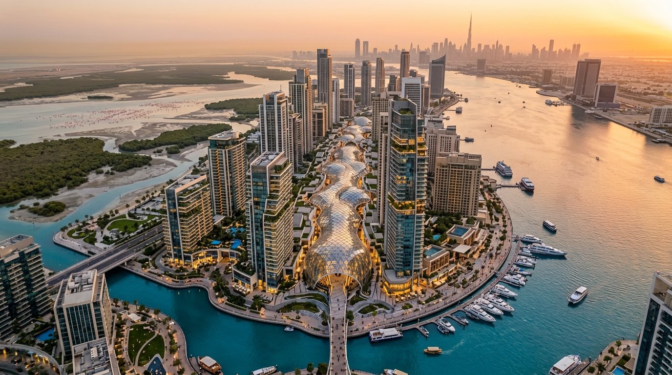 Aerial architectural visualization of Dubai Square and Ras Al Khor waterfront towers in Dubai Creek Harbour.
