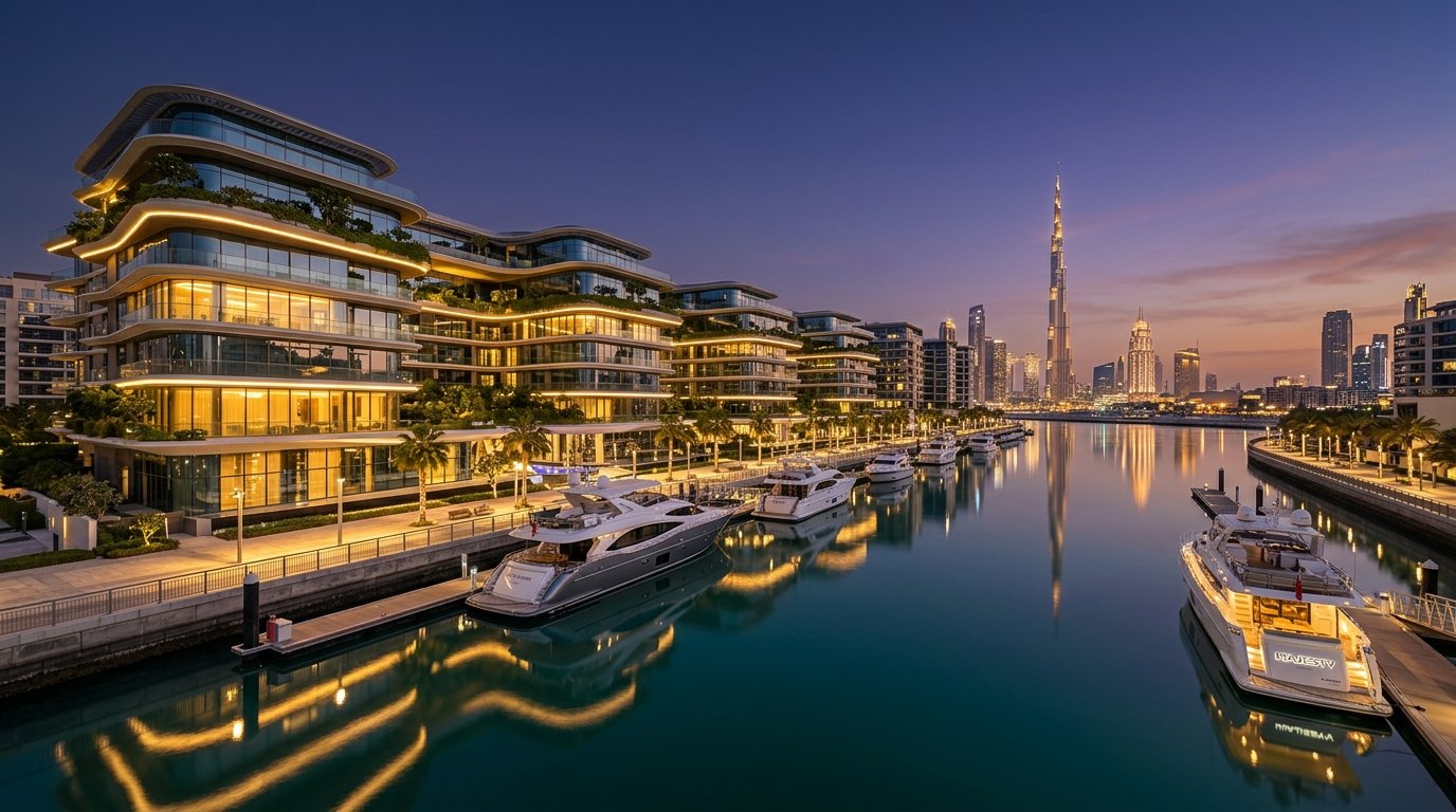 Ultra-luxury waterfront penthouses and superyachts along the Dubai Water Canal and Marasi Bay at dusk.