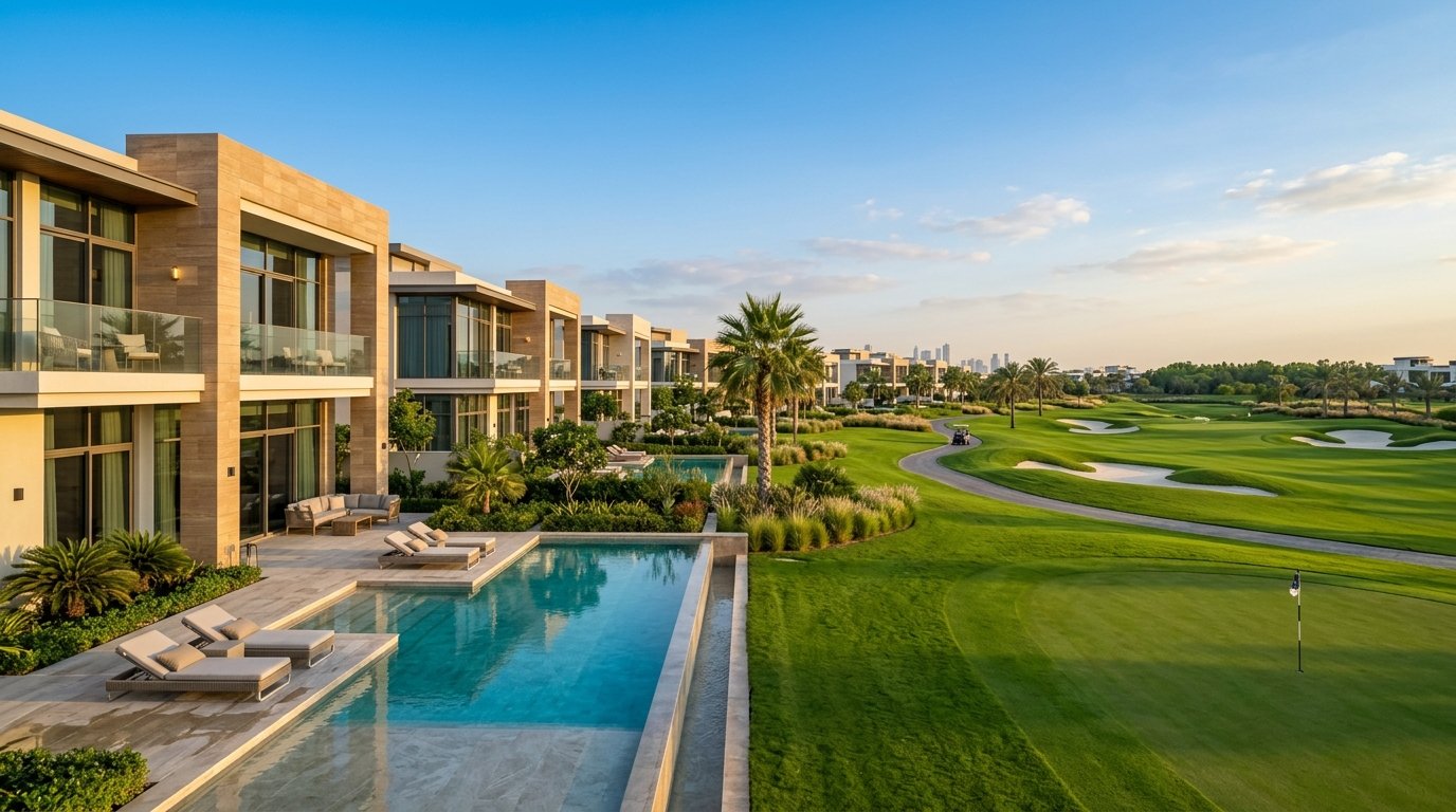 Contemporary golf-front luxury villas in Emaar South Golf Lane and Fairway Villas near DWC airport.