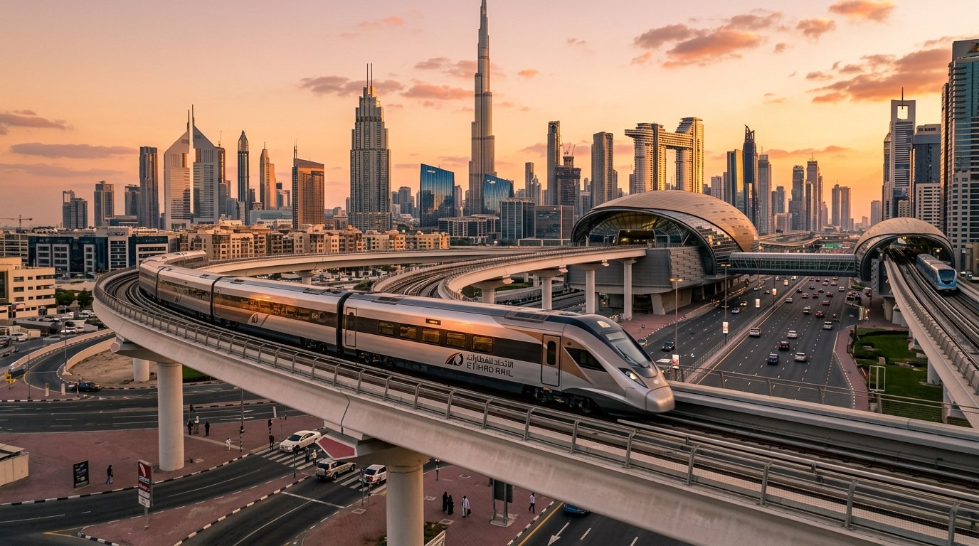 Modern aerodynamic Etihad Rail passenger train on elevated track overlooking Dubai skyline and multi-modal transit station at sunset