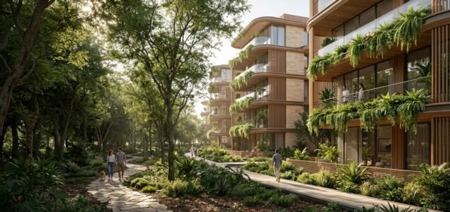 Modern biophilic residential buildings surrounded by lush forest canopy in Ghaf Woods Dubai.