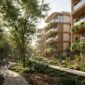 Modern biophilic residential buildings surrounded by lush forest canopy in Ghaf Woods Dubai.
