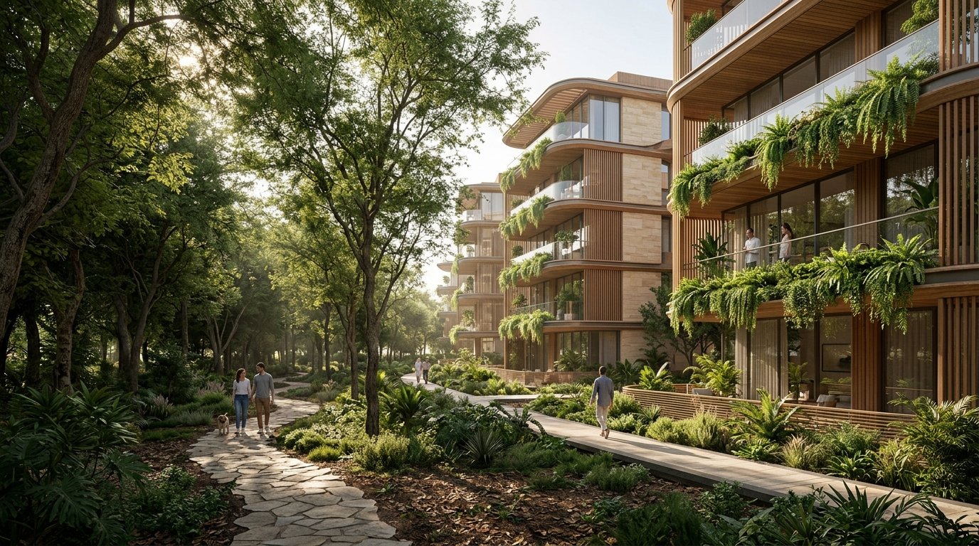 Modern biophilic residential buildings surrounded by lush forest canopy in Ghaf Woods Dubai.