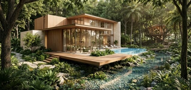Contemporary biophilic luxury villa in Haven by Aldar nestled in a forested stream community in Dubailand.