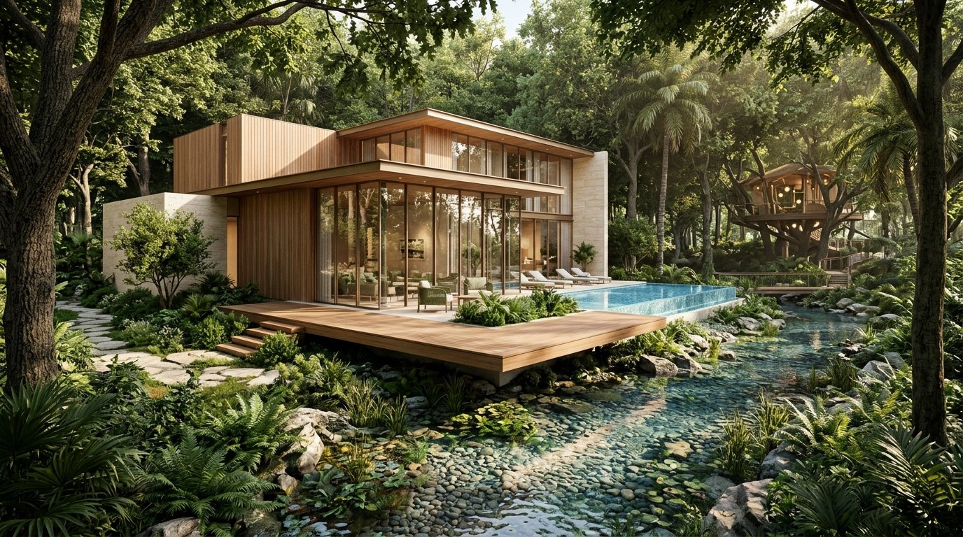 Contemporary biophilic luxury villa in Haven by Aldar nestled in a forested stream community in Dubailand.